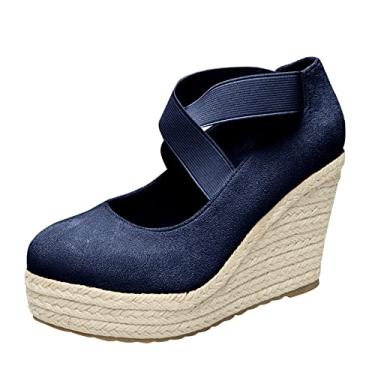 Imagem de Coerni Sapato de pescador de corda feminino bico redondo plataforma de borracha feminina salto alto moda alpargatas sapatos sandálias femininas largura larga, Azul, 7 Narrow