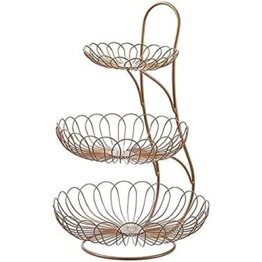 Imagem de Tigela de frutas de 3 andares de fio de metal para a bancada decorativa Cesta de frutas redonda Suporte de geada de arte de ferro - Cesta de drenagem de armazenamento atraente de cestas de a