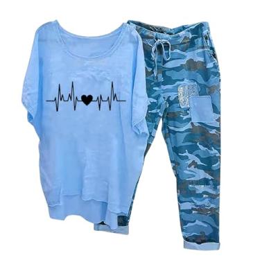 Imagem de Conjunto de 2 peças para mulheres, roupa de treino de linho de manga curta, blusa solta e calça de perna larga 2023, conjunto esportivo de duas peças, Ab1-azul, X-Large