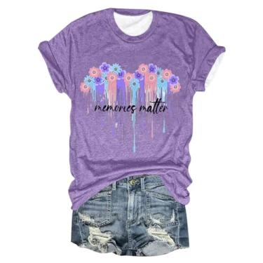 Imagem de Camiseta feminina de conscientização de Alzheimer, casual, roxa, floral, blusa de verão, manga curta, gola redonda, túnica básica, Bege, XXG