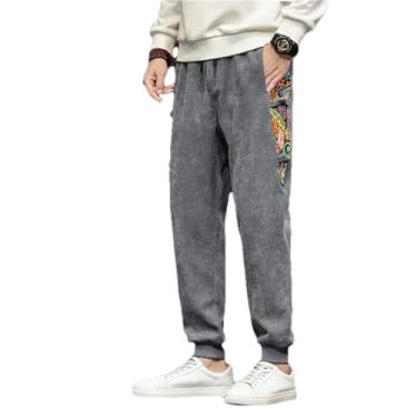 Imagem de GaoLeAve Calça masculina casual primavera outono roupas masculinas calças de veludo cotelê patchwork harém calças jogger para homens, Cinza, P