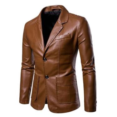 Imagem de Blazer masculino de couro versátil slim fit jaqueta de terno manga comprida gola lapela casaco casual, Marrom, G