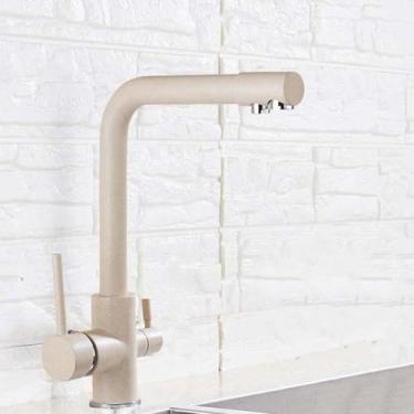 Imagem de Torneira de cozinha com filtro de níquel escovado, torneira de cozinha para água potável, montada no deck, alças duplas, misturador de água quente e fria de 3 vias, ponto bege