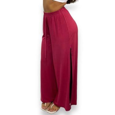 Imagem de Calça Pantalona Feminina com Fenda Lateral Cintura Alta Viscolycra - U