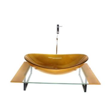 Imagem de Kit cuba de vidro oval com tampo 60cm dourado real e suporte torneira 