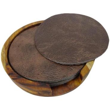 Imagem de Descanso de Copo Premium em Couro com Suporte Moderno de Madeira - Car