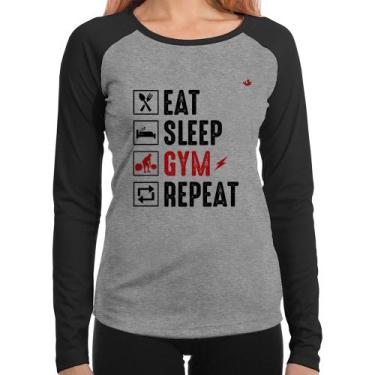 Imagem de Baby Look Raglan Eat, Sleep, Gym, Repeat Manga Longa - Foca na Moda, C