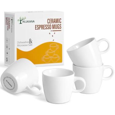 Imagem de Hlukana Conjunto de 4 xícaras de café expresso de porcelana pequenas, 100 ml, xícaras de demitasse brancas perfeitas para máquina de café expresso e cafeteira, xícaras de café expresso seguras para