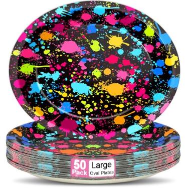 Imagem de 50 peças de pratos de papel ovais de festa neon de 28 cm, grandes pratos de suprimentos de festa, bandeja de pratos resistente neon que brilha no escuro para festa de salto, decorações coloridas de