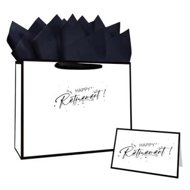 Imagem de MUNILAIL Saco de presente de aposentadoria de 33 cm, grande, branco e preto, com alça, papel de seda e cartão comemorativo para mulheres, homens, aposentadoria, despedida, festa, grande bolsa de