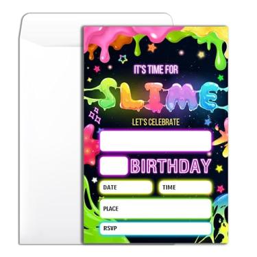 Imagem de Wybgno It's Time For Slime Convite de festa de aniversário 20 Slumber Theme Party Neon Party Convite de aniversário com envelopes para irmãs meninos meninas cartões de convite de festa -4 × 6
