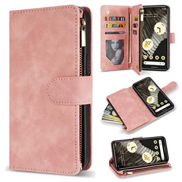 Imagem de ZZXX Capa para Google Pixel 7 Pro com compartimento para cartão com bloqueio de RFID premium macio couro PU com zíper flip Folio com alça de pulso Capa protetora para Google Pixel 7 Pro (6,7 polegadas rosa)