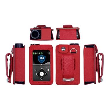 Imagem de Capa de couro ajustada com clipe giratório para cinto + protetor de tela para bomba de insulina mínima Medtronic (mínimo 630 G/640 G/650 G/670 G/770G) (vermelho)