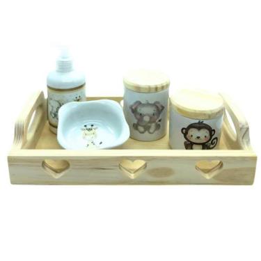 Imagem de Kit higiene bebê Safari 5 peças - Bandeja, potes, porta álcool E Molha