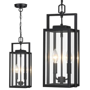 Imagem de MYHXQ Grande Luminária Pendente Externa De 2 Luzes, 17,75'', Lustre Externo Moderno De Metal Preto, Luminária Suspensa Para Montagem No Teto Com Vidro Transparente Para Entrada Da Varanda Frontal, 1
