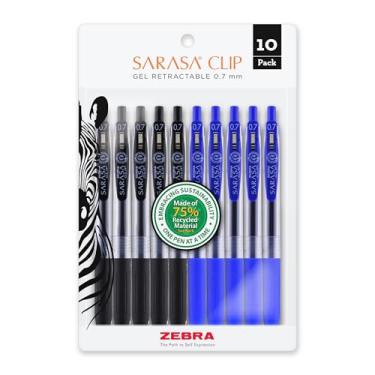 Imagem de Zebra Pen Caneta de gel retrátil Sarasa Clip, ponta média, 0,7 mm, tinta azul e preta, pacote com 10 (40291)