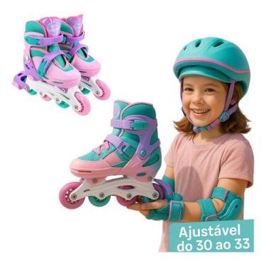 Imagem de Patins Infantil Inline Rosa Claro 30-33 + Kit De Proteção - Uniqlo
