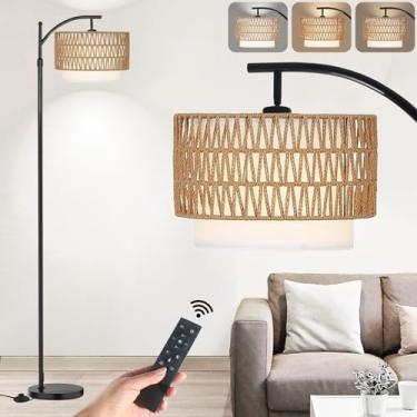 Imagem de Yusist Luminária de chão de arco para sala de estar, lâmpadas de chão de fazenda com controle remoto e lâmpada regulável, lâmpada de pé alta boho de vime para quarto e escritório