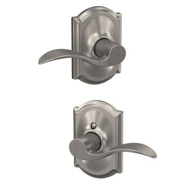Imagem de Schlage Maçaneta de porta F10 ACC 619 CAM Accent com acabamento Camelot, trava de passagem de corredor e armário, níquel acetinado
