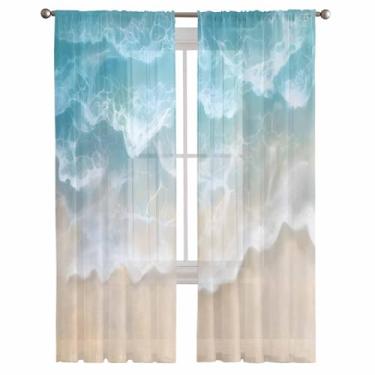 Imagem de EZON-CH Conjunto de 2 painéis de cortinas transparentes, azul e verde, água, ondulação, oceano, praia, cortinas, varão, decoração para cozinha, quarto, sala de estar, persiana solar, 132 cm L x 84 C