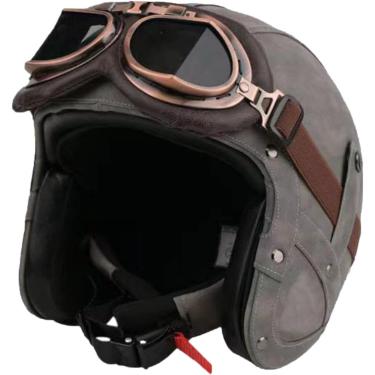 Imagem de Capacete De Motocicleta De Estilo, Capacete De Motocicleta Para Homens Adultos E Mulheres Capacete Retrô De Rosto Aberto Dot Aprovado Vintage Cap Half Helmet Com óculos De Proteção, Grey, M