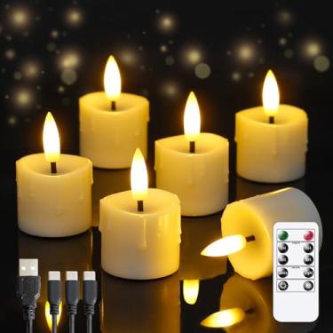 Imagem de Yeelida Velas de luz de chá recarregáveis sem chamas operadas por bateria de 4 x 6,3 cm com cabo de carregamento remoto e tipo C, temporizador LED cintilante plástico marfim 6 peças mini velas votivas