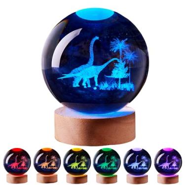 Imagem de Luz noturna de bola de cristal de dinossauro grande 3D com base de madeira, lâmpada de cristal presente para crianças, esposa e amigos, mudança de cor com controle remoto, lâmpada de esfera de vidro