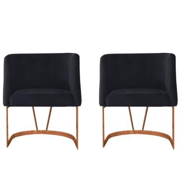 Imagem de Kit 02 Poltrona Cadeira Aurora Luxo Confort Industrial Ferro Bronze Suede Preto - Amey Decor