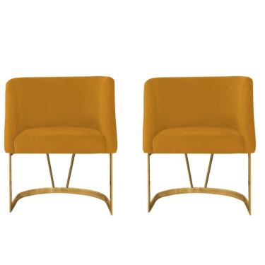 Imagem de Kit 02 Poltrona Cadeira Aurora Luxo Confort Industrial Ferro Dourado Suede Mostarda - Amey Decor