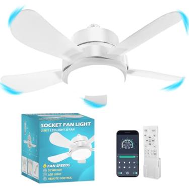 Imagem de whicow Ventilador De Soquete, Luminária Com Controle Remoto, Ventiladores Teto Pequenos, Luminárias Rosca Para Quarto, Cozinha, Sala Estar, Garagem (Branco, 15,8)