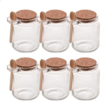 Imagem de Kit 6 POTES DE VIDRO PORTA TEMPEROS 250ML C/ TAMPA CORTIÇA E COLHER - 
