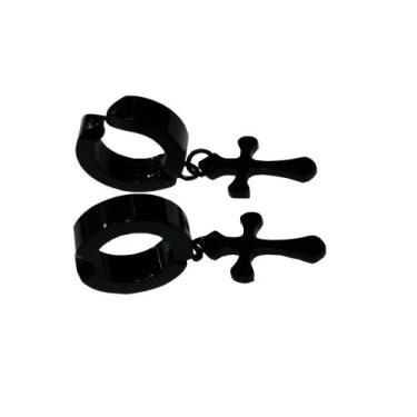 Imagem de Par Brinco Falso Pressão Argola Cruz Crucifixo - HHW, Preto