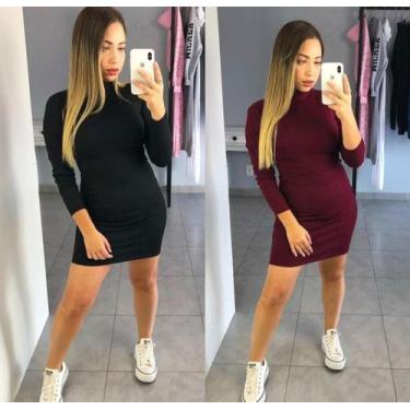 Imagem de Vestido gola alta manga longa canelado - Filo modas, Preto, P