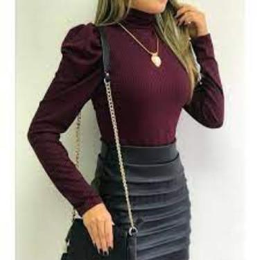 Imagem de Blusa feminina manga longa princesa bufante gola alta malha canelada c