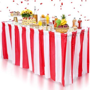 Imagem de Pacote com 2 saias de mesa de carnaval, decorações de festa, saias de mesa listradas vermelhas e brancas, decorações de mesa descartáveis para suporte de concessão decoração de artigos de festa
