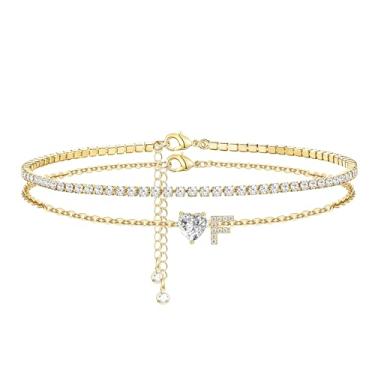 Imagem de CIOMY Tornozeleiras femininas com inicial dourada banhada a ouro 14 K, coração de zircônia cúbica, tornozeleiras femininas à prova d'água com letras ajustáveis em camadas, tornozeleira grande, verão