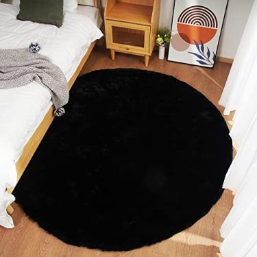 Imagem de Ghouse Tapete redondo de pele de coelho sintética, 1,8 m, preto, redondo, para decoração de quarto, tapetes fofos para sala de estar, tapete lavável de pele de carneiro