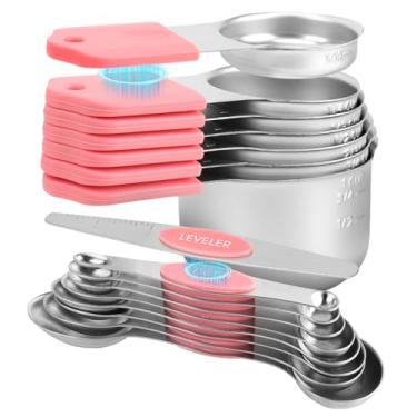 Imagem de Conjunto de copos e colheres de medição de aço inoxidável com 16 peças, design magnético forte, 7 xícaras, 8 colheres com nivelador, marcações de medição dupla para ingredientes secos e líquidos, rosa