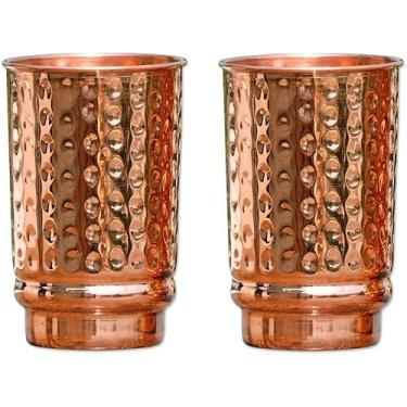 Imagem de ROYAL SAPPHIRE Conjunto de 2 copos de cobre puro martelado, sem forro, sem revestimento e sem laca | 350 ml (11,8 US Fl Oz) copos de cobre para benefícios de saúde Ayurveda