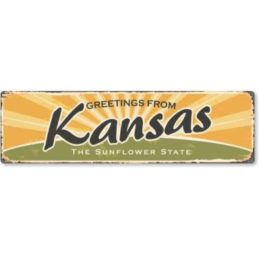 Imagem de SmartSign 4 x 14 polegadas saudações do estado do Kansas Placa de metal vintage "Estado do girassol", alumínio à prova de ferrugem de 40 mil com sobretudo transparente, decoração de parede retrô, multicolorido