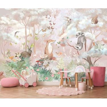 Imagem de Papel de parede de animais da floresta com fundo rosa, mural adequado para decoração de quarto infantil