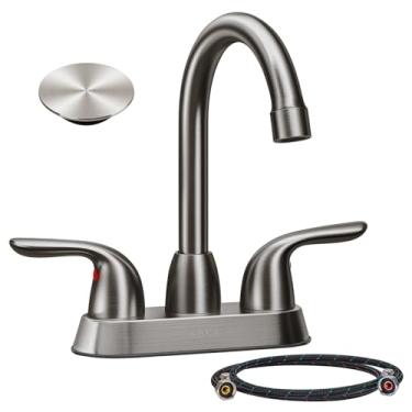 Imagem de SOKA Torneira de pia de banheiro para 3 furos, torneira de aço inoxidável de 10 cm para banheiro, torneiras de banheiro com placa de deck e conjunto de dreno pop-up torneira de 2 alças para pia de