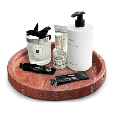 Imagem de XINFUHUA Bandeja de travertino natural para bancada de banheiro e mesa de centro, prato de servir de pedra redonda com acabamento em mármore (vermelho, 20 cm)