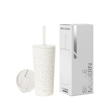 Imagem de Simple Modern Copo isolado com tampa de canudo e tampa flip Caneca de café de viagem copo reutilizável Presentes para homens, mulheres, mãe, pai Coleção clássica, 590 ml, creme de leopardo