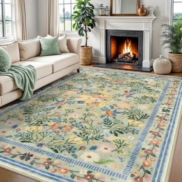 Imagem de SILOLOOM Tapetes de área para sala de estar, 20 x 25 cm, ultrafino, lavável, boêmio, verde, floral, tapete antiderrapante, vintage, para quarto de bebê, sala de jogos, sala de jantar, cozinha, verde