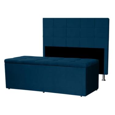 Imagem de Kit Cabeceira e Calçadeira Baú Queen 1,60m Roma Suede Azul Marinho - Pallazio