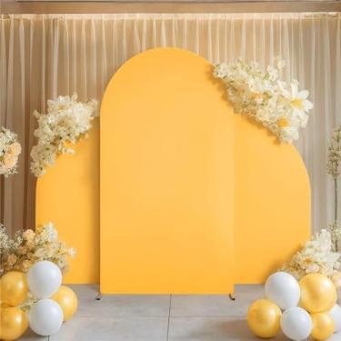 Imagem de Kitegrese Capa de arco de casamento elastano com suporte de arco, topo redondo Chiara e arco de meia lua conjunto de 3, para decoração de banquete de cerimônia de festa de aniversário (amarelo