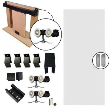 Imagem de Kit Porta Madeira 0,60x2,10m Primer + Trilho Correr 1,20m Preto + Brin