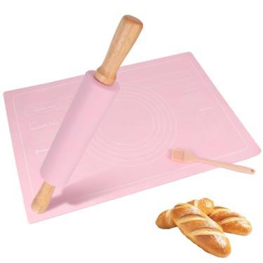 Imagem de 3 rolos de silicone para assar, rolo rosa para massa com cabo de madeira, superfície antiaderente, bolinho de massa (rosa 3 conjuntos)