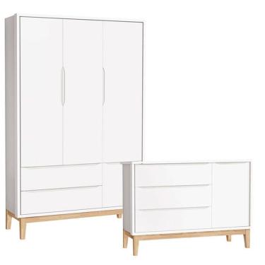 Imagem de Cômoda Com Porta E Guarda Roupa Infantil 3 Portas New Classic Branco Com Pés Madeira Natural ? Reller